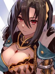Rule 34 | 1girl, asymmetrical bangs, asymmetrical clothes, black hair, breasts, cleavage, cleavage cutout, closed mouth, clothing cutout, desupisaro 122, expressionless, fire emblem, fire emblem engage, fur trim, hair between eyes, hair ornament, highres, jewelry, large breasts, looking at viewer, necklace, nel (fire emblem), nintendo, parted bangs, red eyes, short hair