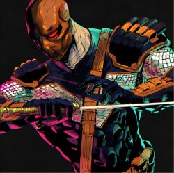Rule 34 | 1boy, abs, absurdres, armor, belt, black background, black bodysuit, bodysuit, dc comics, deathstroke, glowing, glowing eyes, highres, holding, holding sword, holding weapon, looking ahead, male focus, mask, muscular, muscular male, red eyes, sidelighting, simple background, solo, sword, udaruga, upper body, utility belt, weapon