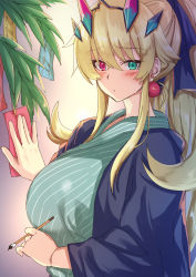 Rule 34 | 1girl, blonde hair, breasts, calligraphy brush, earrings, barghest (fate), fate/grand order, fate (series), barghest (fate), heterochromia, japanese clothes, jewelry, kimono, large breasts, long hair, paintbrush, ponytail, satou (kuso-neet), tanabata, yukata