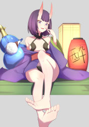 Rule 34 | 1girl, barefoot, blunt bangs, bob cut, breasts, cup, fang, fate/grand order, fate (series), feet, foot focus, full body, gourd, highres, horns, japanese clothes, kimono, lantern, looking at viewer, obi, off shoulder, open clothes, open kimono, open mouth, paper lantern, purple eyes, purple hair, purple kimono, revealing clothes, sakazuki, sash, short eyebrows, shuten douji (fate), shuten douji (first ascension) (fate), sitting, skin-covered horns, small breasts, smile, soles, solo, toes, wan ban