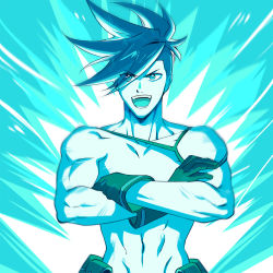 Rule 34 | 1boy, aura, bae (baebae), blue theme, crossed arms, detached sleeves, eyes visible through hair, galo thymos, gloves, highres, male focus, monochrome, muscular, muscular male, promare, single detached sleeve, solo, spiked hair
