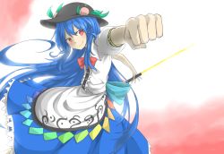 Rule 34 | &gt;:), 1girl, blue hair, bow, clenched hand, dress, female focus, flat chest, food, foreshortening, fruit, hat, highres, hinanawi tenshi, long hair, nobamo pieruda, outstretched arm, peach, red eyes, reverse grip, ribbon, skirt, smirk, solo, sword of hisou, touhou, v-shaped eyebrows, weapon