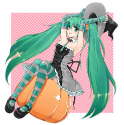 Rule 34 | armpits, bad id, bad pixiv id, dress, elbow gloves, eloosia, fingerless gloves, gloves, green eyes, green hair, halloween, hat, hatsune miku, highres, lipstick, long hair, makeup, mary janes, necktie, pumpkin, shoes, sitting, solo, striped clothes, striped gloves, striped thighhighs, thighhighs, twintails, very long hair, vocaloid, witch hat