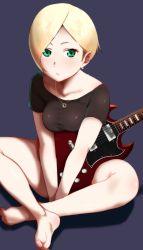 Rule 34 | 1girl, amano don, bad id, bad pixiv id, barefoot, blonde hair, earrings, electric guitar, feet, green eyes, guitar, highres, indian style, instrument, jewelry, legs, necklace, original, ring, shadow, short hair, simple background, sitting, soles, solo, toe scrunch, toes, v arms