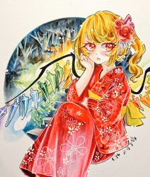 Rule 34 | 1girl, :o, blonde hair, blush, chaka3464, comiket 94, eyelashes, feet out of frame, flandre scarlet, floral print, flower, hair flower, hair ornament, hand on own cheek, hand on own face, japanese clothes, kimono, open mouth, orange eyes, ponytail, ribbon, shikishi, sitting, touhou, traditional media, tree, wings