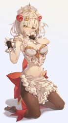 Rule 34 | 1girl, absurdres, adapted costume, alternate costume, apron, armor, armpits, bikini armor, blush, braid, breasts, brown pantyhose, cleavage, covering own mouth, flower, french braid, frills, genshin impact, gloves, gold trim, hair ornament, highres, hxxg, looking at viewer, maid, maid apron, maid headdress, midriff, navel, noelle (genshin impact), pantyhose, rose, short hair, silver hair, simple background, skirt, solo, sweat, waist apron, white background