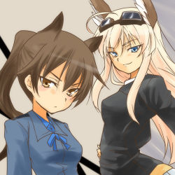 Rule 34 | 2girls, angela salas larrazabal, animal ears, blonde hair, blue eyes, blush, brown eyes, brown hair, goggles, goggles on head, hanna-justina marseille, head wings, horse girl, long hair, multiple girls, short hair, smile, strike witches, strike witches: kurenai no majo-tachi, urutsu sahari, wings, witches of africa, world witches series