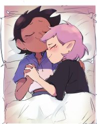 Rule 34 | 2girls, ^^^, ^v^, akakon ow, amity blight, animal hoodie, bed, black dress, blanket, blush, closed eyes, couple, cropped hoodie, cuddling, dark-skinned female, dark skin, denim, denim shorts, dress, dyed hair, earrings, fingers laced together, happy, holding hands, hood, hoodie, interspecies, jewelry, light blush, luz noceda, midriff, multiple girls, pillow, pointy ears, purple hair, purple sleeves, short hair, shorts, sleeping, smile, the owl house, very short hair, witch (the owl house), yuri