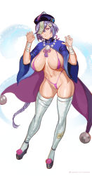 Rule 34 | 1girl, aged up, bad id, bad twitter id, bandages, bikini, black footwear, braid, breasts, cape, cleavage, genshin impact, hat, high heels, jewelry, large breasts, looking at viewer, necklace, nextoad, patreon username, purple bikini, purple cape, purple eyes, purple hair, qiqi (genshin impact), short hair, simple background, solo, swimsuit, thighhighs, white background, white thighhighs