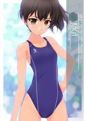 Rule 34 | 1girl, alternate breast size, artist name, breasts, brown eyes, brown hair, character name, clothes writing, collarbone, commentary request, competition swimsuit, cowboy shot, highres, inaba shiki, kaga (kancolle), kantai collection, logo, long hair, looking at viewer, one-hour drawing challenge, one-piece swimsuit, side ponytail, small breasts, solo, standing, swimsuit, tan