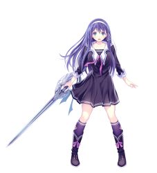 Rule 34 | 1girl, absurdres, aqua eyes, blue hair, boots, dress, full body, hairband, highres, holding, holding sword, holding weapon, kneehighs, long hair, long sleeves, looking at viewer, mana kakkowarai, official art, open mouth, socks, solo, sword, tsukikage koharu, valkyrie drive, valkyrie drive -bhikkhuni-, weapon