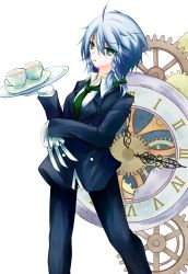 Rule 34 | 1girl, alternate costume, bad id, bad pixiv id, braid, butler, clock, cup, female butler, female focus, formal, gears, gloves, green eyes, hair ribbon, izayoi sakuya, knife, necktie, pant suit, pants, plate, ribbon, saucer, short hair, silver hair, solo, suit, teacup, touhou, tray, twin braids, yuuhagi (amaretto-no-natsu)