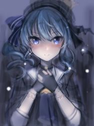 Rule 34 | 1girl, bad id, bad twitter id, beret, black gloves, blue bow, blue eyes, blue hair, blue neckwear, blush, bow, choker, closed mouth, crown, gloves, grey hat, grey jacket, hair between eyes, hair ornament, hat, highres, hololive, hoshimachi suisei, hoshimachi suisei (1st costume), jacket, looking at viewer, medium hair, mini crown, nanashi (nlo), one side up, own hands clasped, own hands together, short hair, short sleeves, side ponytail, smile, solo, star-shaped pupils, star (symbol), symbol-shaped pupils, virtual youtuber