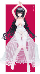 Rule 34 | 1girl, absurdres, armpits, arms up, azur lane, black hair, black pubic hair, border, breasts, choker, cleavage, commentary request, dress, feet, female pubic hair, full body, garter belt, hair between eyes, hair ornament, halter dress, halterneck, heart-shaped pubic hair, highres, knees together feet apart, large breasts, long dress, long hair, no panties, no shoes, one side up, outside border, pubic hair, red background, red eyes, see-through, see-through dress, shaped pubic hair, simple background, solo, sweat, taihou (azur lane), taihou (temptation on the sea breeze) (azur lane), thigh gap, thighhighs, thighs, too (totoo), very long hair, white border, white choker, white dress, white garter belt, white thighhighs