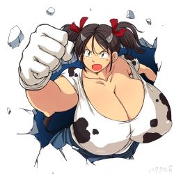Rule 34 | 1girl, breasts, brown eyes, brown hair, cleavage, cow girl, cow horns, curvy, covered erect nipples, gigantic breasts, hair ribbon, hataraki ari, highres, horns, open mouth, original, ribbon, solo, sukimi, twintails, wide hips, yellow eyes