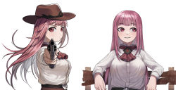 Rule 34 | 1girl, aiming, aiming at viewer, alternate costume, ascot, belt, belt buckle, black nails, breasts, buckle, cowboy hat, dress shirt, enoki (lamuun), gun, handgun, hat, highres, hololive, hololive english, long hair, long sleeves, looking at viewer, looking to the side, mori calliope, nail polish, pink hair, red eyes, revolver, shirt, simple background, sitting, virtual youtuber, weapon, white background, white shirt