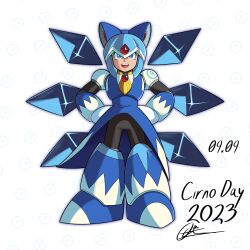 Rule 34 | 1girl, absurdres, armor, blue dress, blue eyes, cirno, cirno day, dated, detached wings, dress, hand on own hip, helmet, highres, mega man (series), mega man x (series), open mouth, reploid q, robot girl, touhou, white background, wings