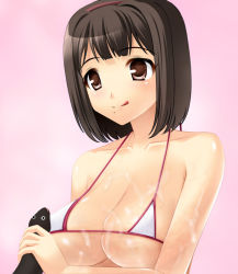 Rule 34 | 1girl, :q, animal, arm at side, bad id, bad nicoseiga id, bare shoulders, bikini, black eyes, breasts, brown eyes, brown hair, cleavage, closed mouth, collarbone, copyright request, eel, hairband, holding, holding animal, large breasts, licking lips, micro bikini, pink background, sexually suggestive, short hair, simple background, smile, solo, suggestive fluid, swimsuit, tareme, tongue, tongue out, totokichi, underboob, upper body, white bikini