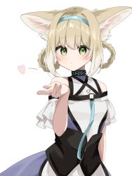 Rule 34 | 1girl, animal ears, arknights, bare shoulders, blonde hair, blowing kiss, blue hairband, blush, braid, braided hair rings, closed mouth, clothing cutout, colored tips, commentary, dress, fox ears, fox girl, frilled sleeves, frills, green eyes, hair rings, hairband, heart, highres, infection monitor (arknights), looking at viewer, multicolored hair, nishimiya aki, no tail, purple dress, short hair, short sleeves, shoulder cutout, solo, suzuran (arknights), twin braids, two-tone hair, upper body, white hair