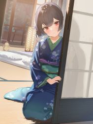 Rule 34 | 1girl, black hair, blue kimono, blush, chair, closed mouth, commentary request, floral print, full body, futon, head tilt, heart, highres, idolmaster, idolmaster shiny colors, indoors, japanese clothes, kanzarin, kimono, lamp, long sleeves, looking at viewer, morino rinze, obi, on floor, print kimono, red eyes, revision, sash, seiza, short hair, sitting, sliding doors, smile, solo, tatami