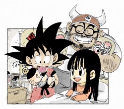 Rule 34 | 1girl, 3boys, :p, ^ ^, baby, beard, bed, bed sheet, black-framed eyewear, black eyes, black hair, blunt bangs, carrying, chi-chi (dragon ball), child, closed eyes, commentary request, couple, dot nose, dougi, dragon ball, dragon ball (classic), dragon ball (object), eyelashes, facial hair, father and daughter, father and son, fenyon, framed, glasses, grandfather and grandson, gyuu mao, happy, hat, height difference, hetero, hime cut, indoors, long hair, long sleeves, looking at another, looking down, mother and son, multiple boys, mustache, nightstand, on bed, open mouth, orange shirt, outside border, photo (object), pillow, shirt, sidelocks, sitting, smile, son gohan, son goku, spiked hair, standing, straight hair, tongue, tongue out, twitter username, under covers, wristband