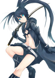 Rule 34 | 10s, 1girl, belt, belt skirt, bikini, bikini top only, black gloves, black hair, black rock shooter, black rock shooter (character), blue eyes, boots, chikuwa udon, choker, collarbone, elbow gloves, fingerless gloves, flat chest, gloves, glowing, glowing eye, long hair, looking at viewer, midriff, navel, short shorts, shorts, simple background, solo, swimsuit, sword, twintails, weapon, white background