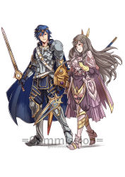Rule 34 | 1boy, 1girl, armor, blue hair, breastplate, brown eyes, cape, chrom (fire emblem), commission, crown, fire emblem, fire emblem awakening, gauntlets, greaves, holding, holding polearm, holding shield, holding spear, holding sword, holding weapon, long hair, nintendo, pauldrons, polearm, shield, shoulder armor, smile, spear, sumia (fire emblem), sword, watermark, weapon, white background