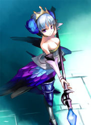 Rule 34 | 1girl, adachi yousuke, armor, armored dress, blue background, breasts, cleavage, crown, dress, gwendolyn (odin sphere), hat, medium breasts, multicolored wings, odin sphere, polearm, solo, spear, strapless, strapless dress, weapon, wings