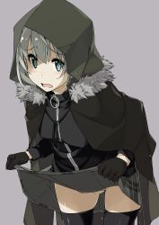 Rule 34 | 1girl, black cloak, black gloves, black thighhighs, breasts, cape, cloak, clothes lift, fate (series), fur trim, gloves, gray (fate), green eyes, grey background, grey hair, hair between eyes, highres, hood, hood up, lifted by self, long sleeves, looking at viewer, lord el-melloi ii case files, medium breasts, no panties, shikei, short hair, simple background, skirt, skirt lift, solo, standing, thighhighs
