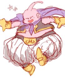 Rule 34 | 1boy, boots, cape, dragon ball, dragonball z, closed eyes, flower, flying, gloves, happy, majin buu, male focus, neko ni chikyuu, open mouth, simple background, solo, white background