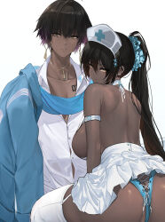 Rule 34 | 1boy, 1girl, absurdres, ass, back, bare shoulders, black hair, blue archive, blue panties, blue scrunchie, breasts, commentary, dark-skinned female, dark-skinned male, dark skin, dishwasher1910, earrings, genderswap, genderswap (ftm), hat, highres, jewelry, karin (blue archive), large breasts, long hair, looking at viewer, looking back, multicolored hair, no halo, nurse cap, panties, pants, ponytail, purple hair, scrunchie, shirt, simple background, skirt, smile, symbol-only commentary, thighhighs, two-tone hair, underwear, white background, white headwear, white shirt, white skirt, white thighhighs, yellow eyes