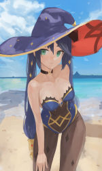 Rule 34 | 1girl, absurdres, bare arms, bare shoulders, beach, black hair, black pantyhose, blue hat, blue leotard, blue sky, bodystocking, breasts, choker, closed mouth, collarbone, covered navel, day, dolri, genshin impact, gold trim, green eyes, hat, hat ornament, highleg, highleg leotard, highres, leaning forward, leotard, long hair, looking at viewer, medium breasts, mona (genshin impact), neck, ocean, outdoors, pantyhose, sky, smile, solo, standing, strapless, strapless leotard, thighlet, thighs, twintails, very long hair, witch hat
