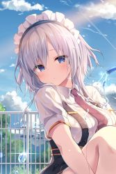 Rule 34 | 1girl, blue dress, blue eyes, blush, breasts, character request, cloud, cloudy sky, commentary request, day, dress, eyes visible through hair, fence, glint, highres, knees, large breasts, liar2, long hair, looking at viewer, maid headdress, necktie, red necktie, second-party source, silver hair, sky, solo, upper body, water