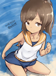 Rule 34 | 10s, 1girl, 2015, adjusting clothes, adjusting swimsuit, brown eyes, brown hair, dated, i-401 (kancolle), kantai collection, mku, ponytail, sailor collar, school swimsuit, short hair, swimsuit