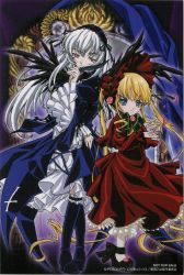 Rule 34 | 00s, 2girls, black wings, blonde hair, blue eyes, dress, feathers, flower, hand to own mouth, height difference, long hair, multiple girls, petals, red eyes, rose, rozen maiden, shinku, silver hair, standing, suigintou, wings