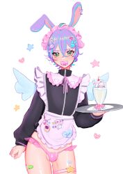 Rule 34 | 1boy, absurdres, apron, bandaid, cocktail glass, cup, drinking glass, highres, lyron, maid, male focus, pacifier, panties, penis, penis in panties, penis peek, rabbit ears, trap, underwear