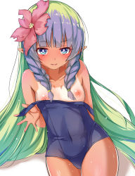 Rule 34 | 1girl, :p, ameth (princess connect!), aono (f i s), arm behind back, bare arms, bare shoulders, blue eyes, blue one-piece swimsuit, blunt bangs, blush, braid, breasts, closed mouth, clothes pull, collarbone, covered navel, flower, gradient background, green hair, hair flower, hair ornament, highres, long hair, looking at viewer, nipples, one-piece swimsuit, one-piece swimsuit pull, pink flower, pointy ears, princess connect!, pulled by self, purple hair, shadow, side braids, sidelocks, simple background, small breasts, smile, solo, swimsuit, tan, tanline, tongue, tongue out, twin braids, very long hair, wet, white background