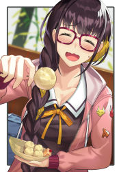 Rule 34 | 1girl, alternate costume, bag, beppu mitsunaka, black hair, black shirt, blue bag, blurry, blurry background, blush, braid, breasts, brown hair, cleavage, closed eyes, collarbone, commentary request, facing viewer, fate/grand order, fate (series), food, glasses, hand up, highres, holding, hood, hood down, hooded jacket, incoming food, jacket, large breasts, long hair, long sleeves, multicolored hair, open clothes, open jacket, open mouth, orange ribbon, osakabehime (fate), pink jacket, ribbon, sailor collar, shirt, solo, sweatdrop, wavy mouth