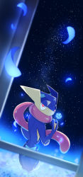 Rule 34 | absurdres, blue flower, blurry, bright pupils, commentary request, creatures (company), falling petals, flower, from behind, game freak, gen 6 pokemon, greninja, highres, holding, holding flower, looking back, night, nintendo, orange eyes, outdoors, petals, pokemon, pokemon (creature), ruchino (riraga), sky, solo, star (sky), white pupils
