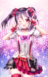 Rule 34 | 10s, 1girl, ;d, aile (crossroads), blouse, bokura wa ima no naka de, bow, bowtie, bridal garter, cowboy shot, double m/, fingerless gloves, frills, gloves, heart, layered skirt, looking at viewer, love live!, love live! school idol project, m/, neck garter, nico nico nii, one eye closed, open mouth, pink bow, pink bowtie, purple hair, red eyes, red gloves, shirt, skirt, sleeveless, smile, solo, suspender skirt, suspenders, twintails, wink, yazawa nico