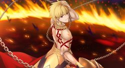 Rule 34 | 1boy, armor, blonde hair, chain, ea (fate/stay night), earrings, enkidu (weapon) (fate), fate/stay night, fate (series), faulds, from behind, gilgamesh (fate), hair between eyes, hand on own head, highres, holding, holding weapon, jewelry, looking at viewer, male focus, morokoshi (tekku), necklace, parted lips, red eyes, solo, standing, tattoo, weapon