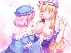 Rule 34 | 2girls, baozishark, blonde hair, chestnut mouth, clothes pull, commentary request, cream on body, dress pull, eating, food, from side, fruit, hair between eyes, hat, heart, heart-shaped pupils, highres, long hair, mob cap, multiple girls, pink background, pink hair, saigyouji yuyuko, short hair, sparkle, strawberry, symbol-shaped pupils, touhou, triangular headpiece, veil, very long hair, whipped cream, yakumo yukari, yuri