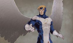 Rule 34 | 10s, 1boy, abs, angel (x-men), animification, artist name, blonde hair, blue eyes, bodysuit, feathered wings, feathers, gloves, male focus, marvel, solo, spandex hero, wings, x-men