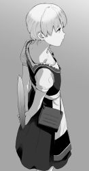 Rule 34 | 1girl, apron, arms behind back, bag, banned artist, cowboy shot, dirndl, dress, german clothes, gradient background, greyscale, hair over shoulder, kantai collection, makio (makiomeigenbot), monochrome, official alternate costume, shin&#039;you (kancolle), solo, tray