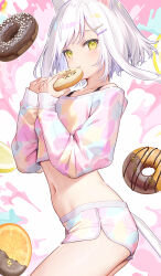 Rule 34 | 1girl, :t, animal ears, blush, cat ears, cat tail, closed mouth, crop top, dolphin shorts, doughnut, eating, food, hair ornament, hairclip, holding, holding food, long sleeves, looking at viewer, midriff, mignon, navel, original, pastry, short hair, short hair with long locks, short shorts, shorts, sleeves past wrists, solo, sprinkles, sweets, tail, white hair, yellow eyes