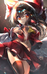 Rule 34 | 1girl, absurdres, armpits, ascot, bare shoulders, black thighhighs, bow, breasts, brown hair, closed mouth, detached sleeves, dfra, frilled bow, frilled hair tubes, frills, hair between eyes, hair bow, hair tubes, hakurei reimu, highres, looking at viewer, medium breasts, medium hair, midriff, miniskirt, navel, red bow, red eyes, red ribbon, red shirt, red skirt, ribbon, ribbon-trimmed sleeves, ribbon trim, shirt, single thighhigh, skirt, sleeve ribbon, sleeveless, sleeveless shirt, smile, solo, thighhighs, touhou, yellow ascot