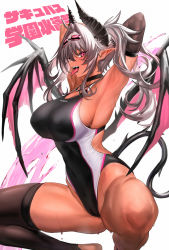 Rule 34 | 1girl, absurdres, ahoge, armpits, bare shoulders, black one-piece swimsuit, blush, breasts, choker, collarbone, competition swimsuit, dark-skinned female, dark skin, demon girl, demon horns, demon tail, demon wings, detached sleeves, goggles, goggles on head, hair intakes, highleg, highleg swimsuit, highres, horns, large breasts, long hair, looking at viewer, one-piece swimsuit, open mouth, original, pink eyes, pointy ears, silver hair, smile, solo, swimsuit, tail, tan, thighs, tongue, tongue out, twintails, ulrich (tagaragakuin), white one-piece swimsuit, wings