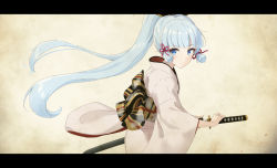 Rule 34 | 1girl, aged down, ayaka (genshin impact), blue hair, blunt bangs, fighting stance, genshin impact, hair ribbon, holding, holding sword, holding weapon, japanese clothes, kimono, letterboxed, long hair, long sleeves, looking at viewer, ponytail, ready to draw, ribbon, sidelocks, solo, suke (momijigari), sword, weapon, white kimono, wide sleeves, yukata