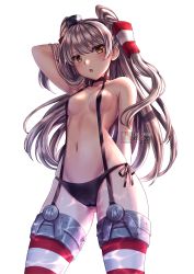 Rule 34 | 1girl, :o, amatsukaze (kancolle), arm behind back, arm up, artist name, bad id, bad pixiv id, black choker, black hat, black panties, blush, breasts, brown eyes, cameltoe, choker, collarbone, cowboy shot, from below, gluteal fold, grey hair, hair between eyes, hair tubes, hat, kantai collection, long hair, looking at viewer, looking down, medium breasts, mini hat, navel, panties, parted lips, saruei, side-tie panties, sidelocks, simple background, solo, standing, stomach, striped clothes, striped thighhighs, thighhighs, thighs, topless, two side up, underwear, underwear only, very long hair, watermark, web address, white background