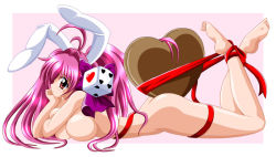 Rule 34 | 1girl, animal ears, ass, barefoot, breasts, candy, chocolate, chocolate heart, covering privates, covering breasts, di gi charat, dice, digi charat nyo, feet, food, heart, huge breasts, imai kazunari, large breasts, lying, naked ribbon, nude, on stomach, pink hair, rabbit ears, rabbit girl, red eyes, ribbon, soles, solo, the pose, toes, usada hikaru, valentine